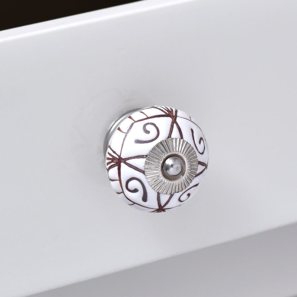 White Base Brown Etched Ceramic Floral Knob