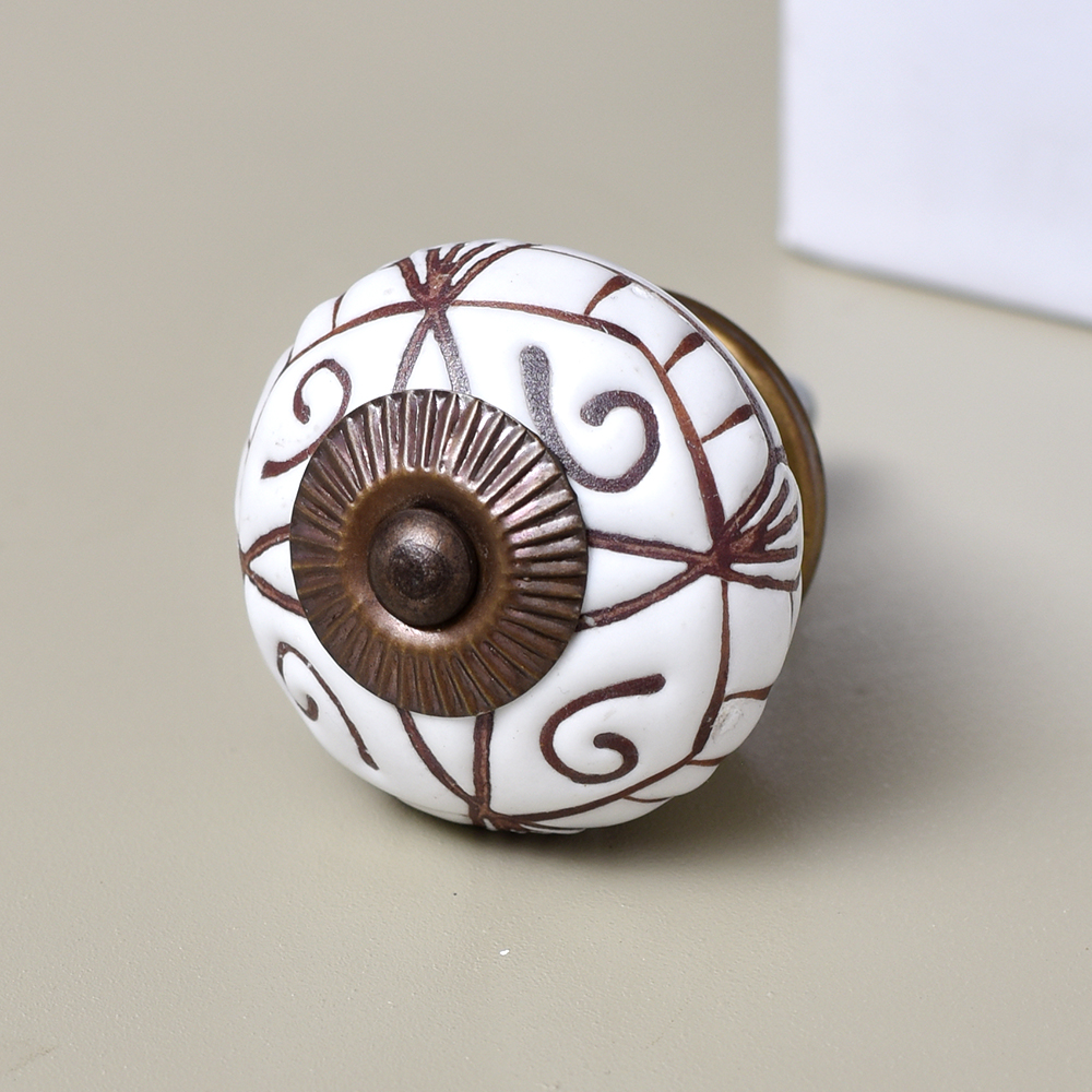 White Base Brown Etched Ceramic Floral Knob