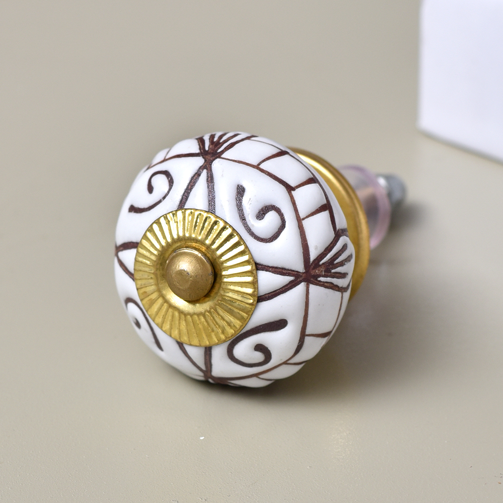 White Base Brown Etched Ceramic Floral Knob