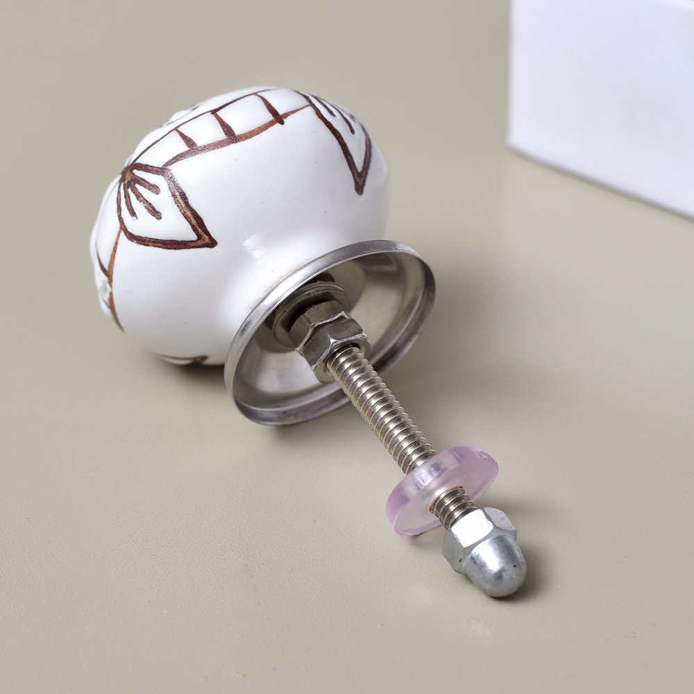 White Base Brown Etched Ceramic Floral Knob