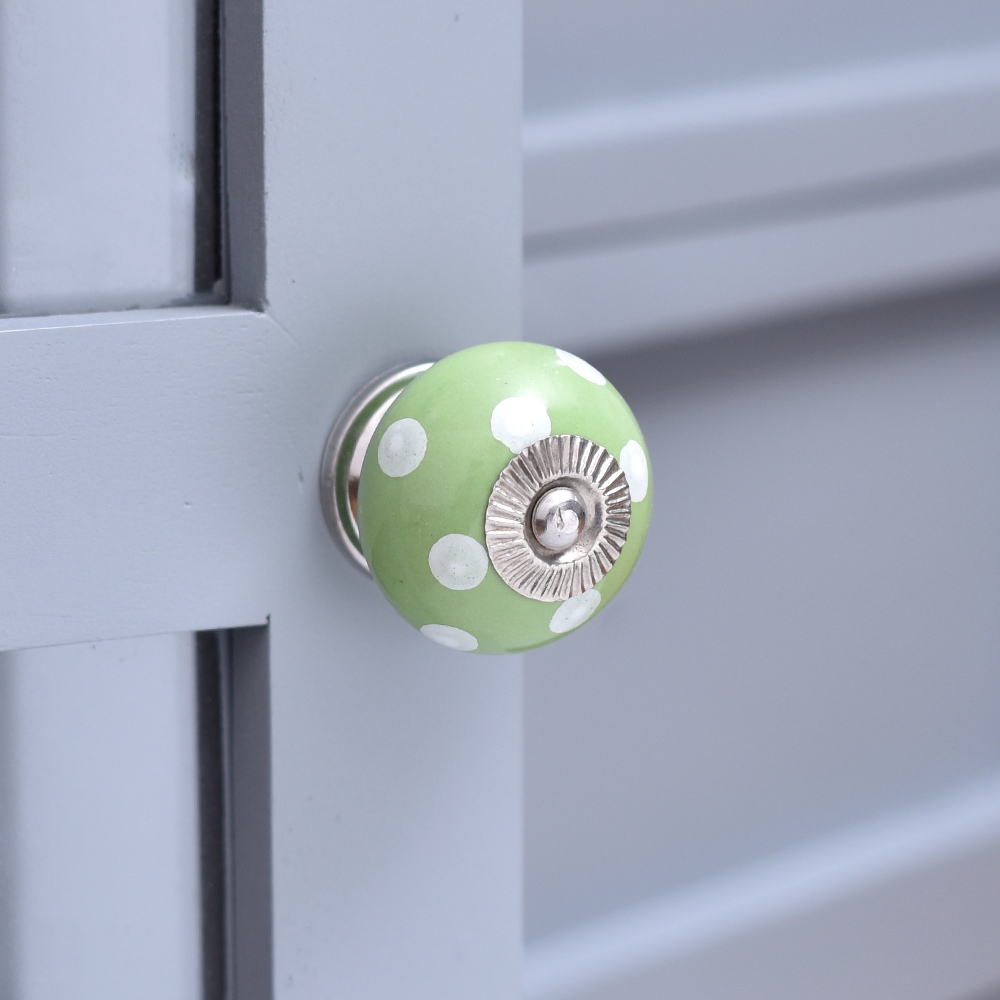 Green Polka Dotted Ceramic Dresser Knob