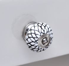 White Black Etched Floral Knob