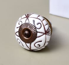 White Base Brown Etched Ceramic Floral Knob