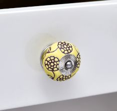 Yellow Marigold Etched Ceramic Floral Cabinet Knob