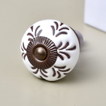 Cream Etched Leaf Ceramic Cabinet Knob