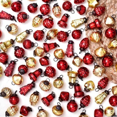 Set of 25 Pieces Red and Golden Tiny Christmas Ornaments In Assorted Styles