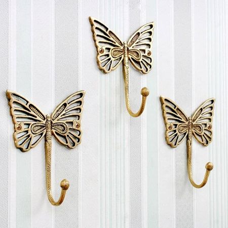 IndianShelf Handmade 3 Piece Vintage Key Holder for Decor Golden Antique Coat Rack Brass Wall Hooks But