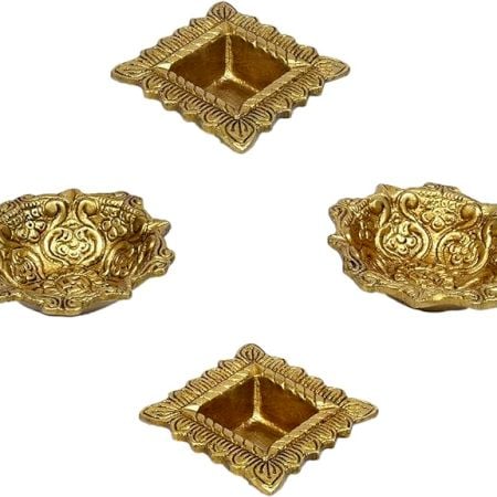 Indian-Shelf Handmade Vocalforlocal Pack of 4 Brass Golden Square Floral and Round Oil Lamp Diya Deep Diwali Home Puja DÃ©cor