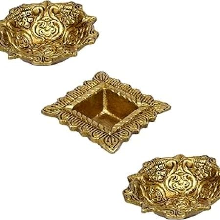 Indian-Shelf Handmade Vocalforlocal  Brass Square and Round Floral Golden Oil Lamp Puja Utensils Deepam Diya Deepak Diya
