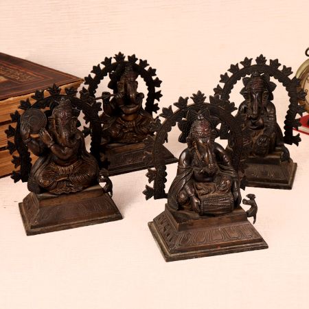 Vintage Brass Statue of Lord Ganesha in Pair of 4