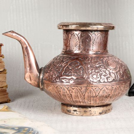 Floral Design Copper Water Pot with Spout for Decor