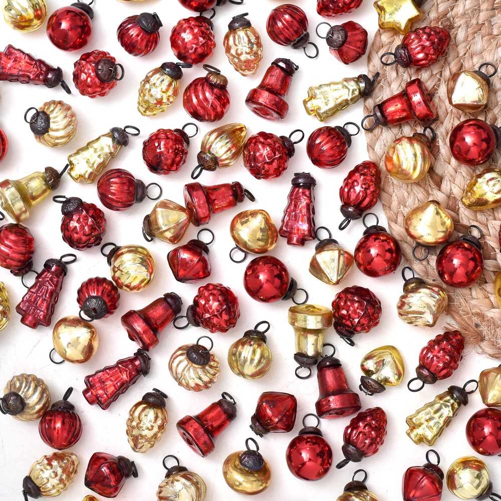 Set of 25 Pieces Red and Golden Tiny Christmas Ornaments In Assorted Styles
