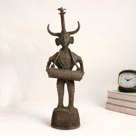 Vintage Brass Statue of Male Figure Playing Drum for Decor