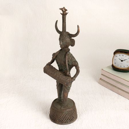 Vintage Brass Statue of Male Figure Playing Drum for Decor