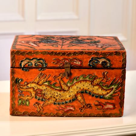 Handcrafted Wooden Box Engraved with Dragon and Flowers