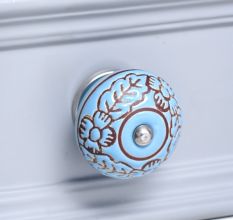 Turquoise Base Brown Leaf Flower Etched Ceramic Drawer Knob