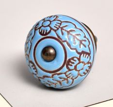 Turquoise Base Brown Leaf Flower Etched Ceramic Drawer Knob
