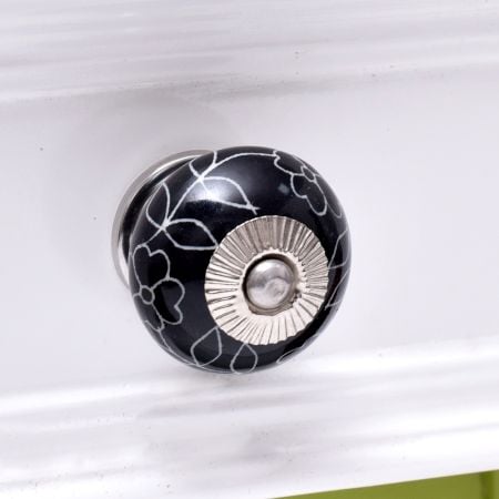 Black Leaf Floral Ceramic Knob