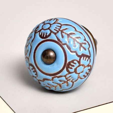 Turquoise Base Brown Leaf Flower Etched Ceramic Drawer Knob