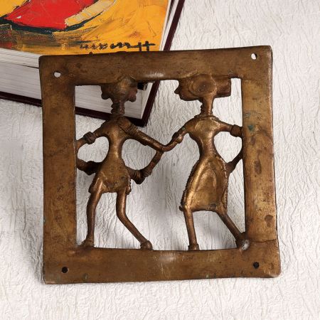 Tribal Art Brass Plate of Man Playing Drum and Woman Dancing