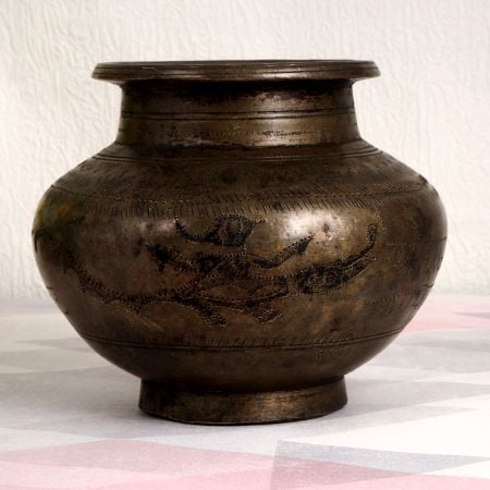 Engraved Vintage Brass Holy Water Pot for Flower Decor