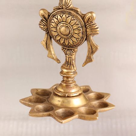 Vintage Hanging Brass Oil Lamp with Lord Vishnu Chakra