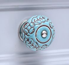 Sea Green Brown Leaf Flower Etched Ceramic Knob Online