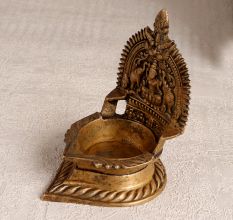 Vintage Brown Brass Gajalaxmi Oil Lamp for Prayer and Decor