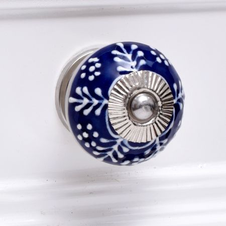 Navy Blue White Leaf Knob