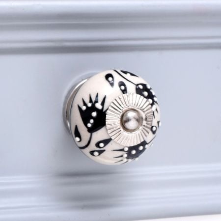Cream Black Leaf Ceramic Knob