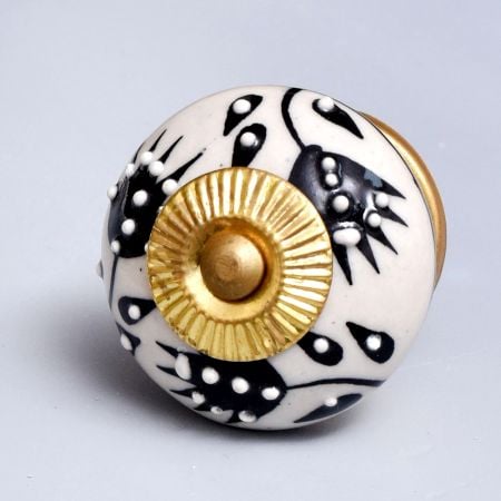 Cream Black Leaf Ceramic Knob