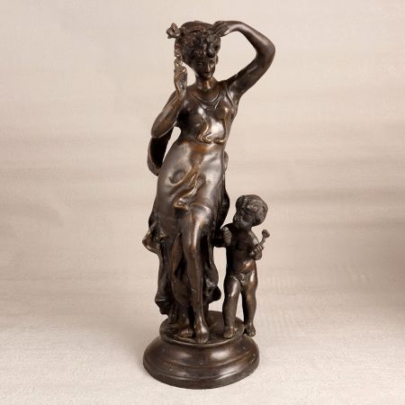 Premium Gray Brass Woman and Child Statue for Decoration