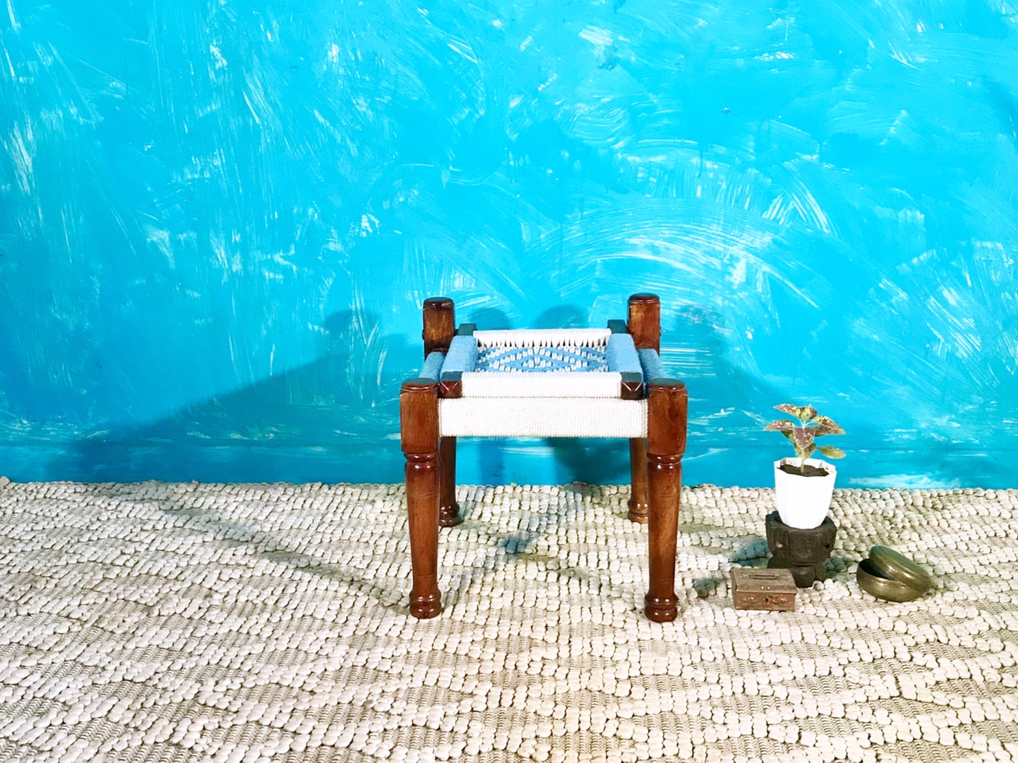 Sinhasan Solid Wood Charpai Chair Blue and White