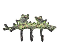 Two Bronze Patina Green Frogs Hooks