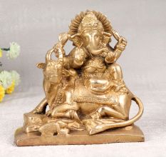 Antique Golden Brass Statue of Lord Ganesha with Nandi & Mushak