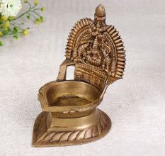 Handmade Gajalakshmi Brass Oil Lamp in Antique Brown Finish