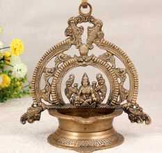 Vintage South Indian Brass Gajalakshmi Oil Lamp for Hanging