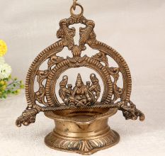 High-Quality Brass Hanging Gajalakshmi Oil Lamp in Brown Finish