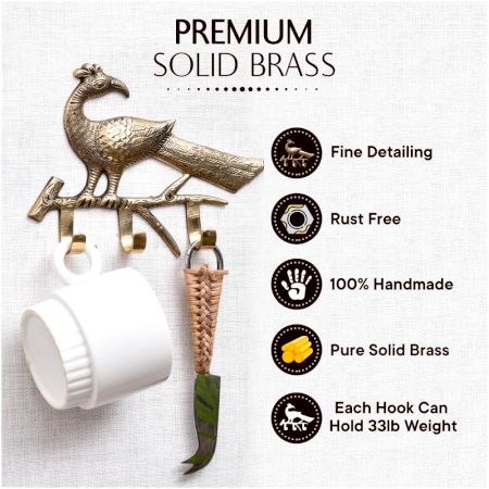 Peacock On A Branch Brass Wall Hanger Clothes Coat Hat Key Holder