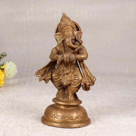 Handcrafted Brown Brass Statue of Lord Ganesha Playing Cymbal