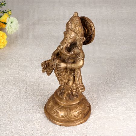 Handcrafted Brown Brass Statue of Lord Ganesha Playing Cymbal