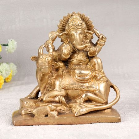 Antique Golden Brass Statue of Lord Ganesha with Nandi & Mushak