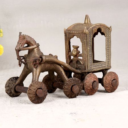 Tribal Art Finest Brass Horse Chariot Statue in Brown Finish