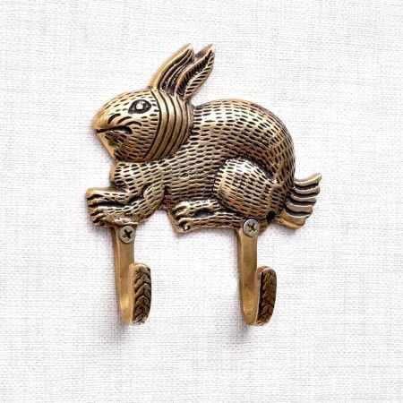 Golden Brass Bunny Rabbit Textured 2 Wall Hook