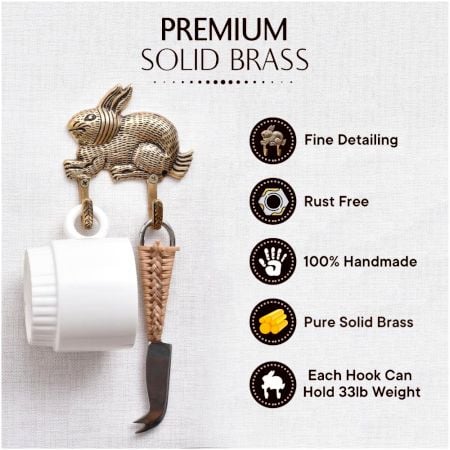 Golden Brass Bunny Rabbit Textured 2 Wall Hook