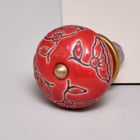Red Calla Lily Brown Etched Ceramic Cabinet Knob