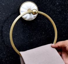 Handmade Brass and Ceramic Towel Ring Hanger in Golden Finish