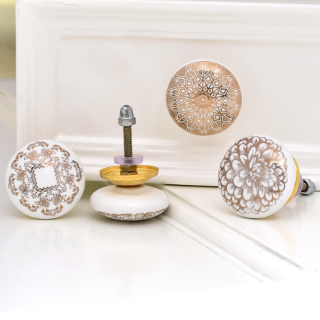 6 Pieces Golden Flower Flat Ceramic Drawer Knobs