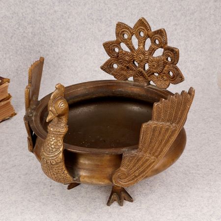 Decorative Peacock Brass Urli in South Indian Art for Decor