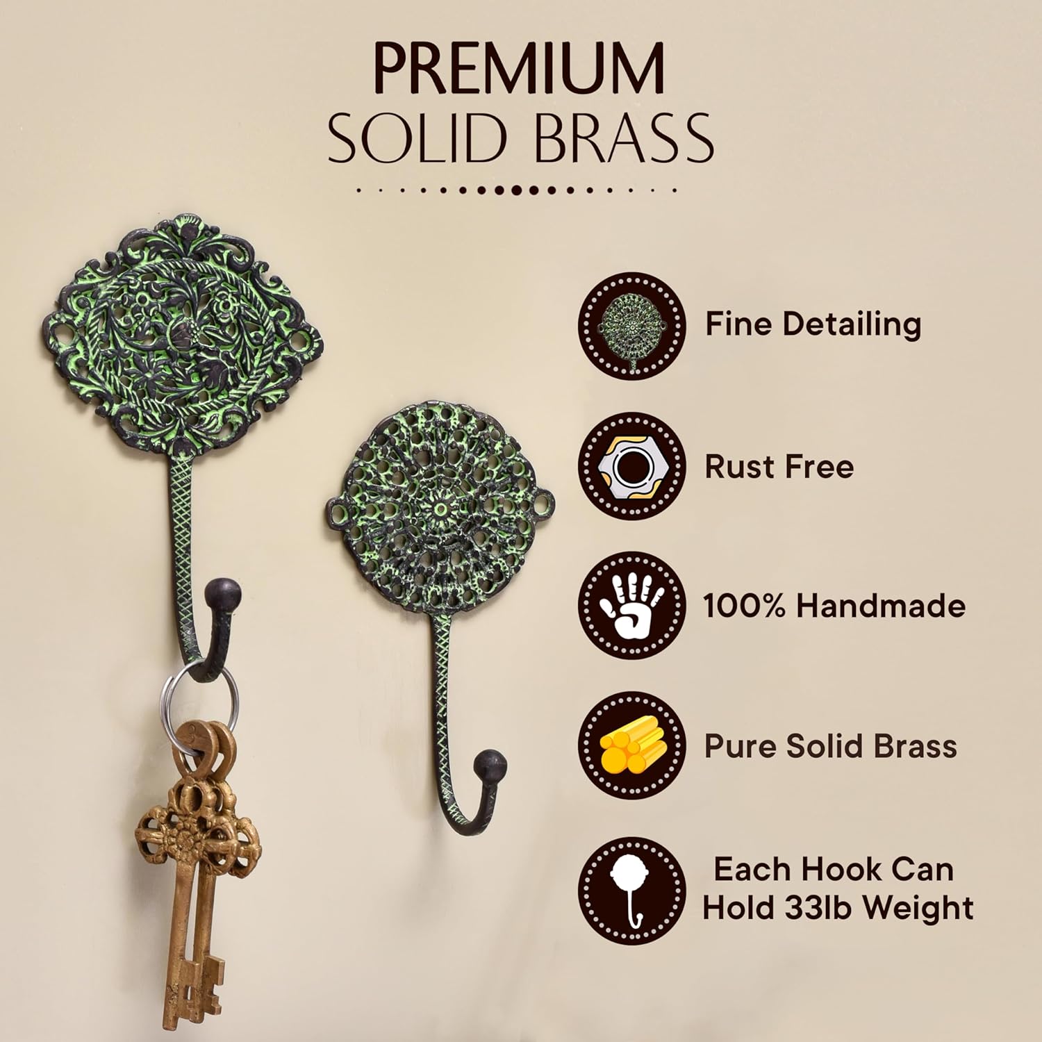 3 Pieces Brass Antique Wall Hooks for Hanging